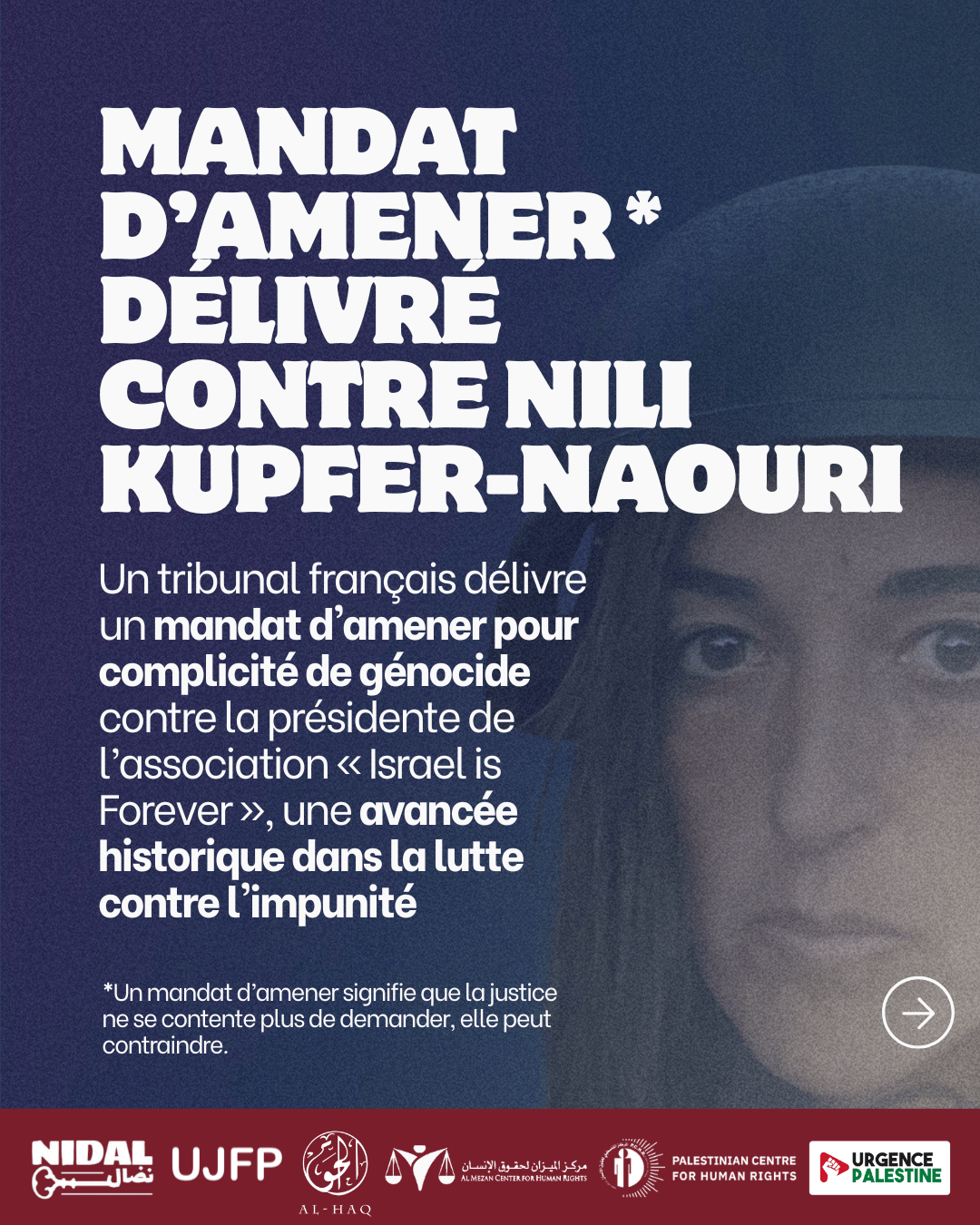 Un tribunal français délivre un mandat d&rsquo;amener pour complicité de génocide contre la Présidente de l&rsquo;association « Israel is forever » – une avancée historique dans la lutte contre l&rsquo;impunité